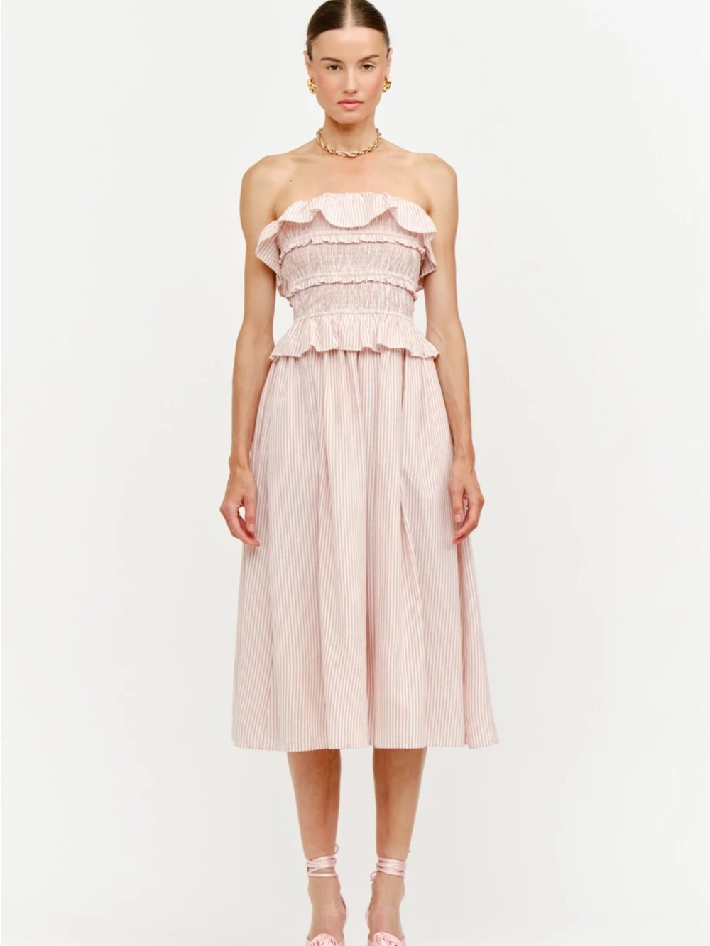 Smocked Strapless Midi Dress in Blush Pink